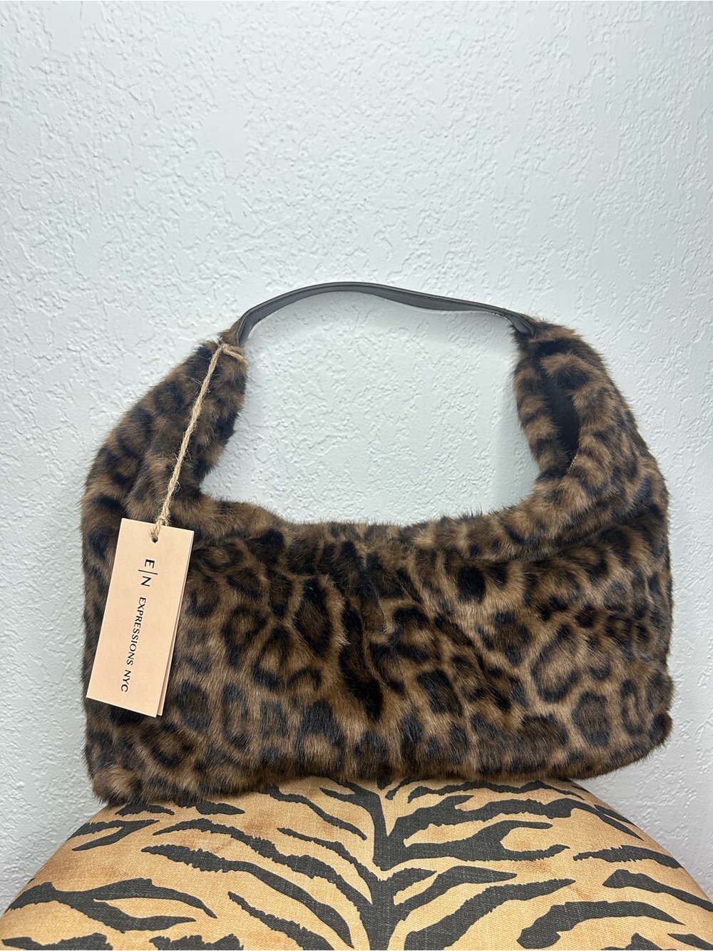 Expressions NYC Brown Leopard Faux Fur Hobo Shoulder Bag
